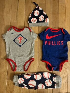 MLB Nike Genuine Phillies Baby Bodysuits- 2 onesies with baseball pants and hat